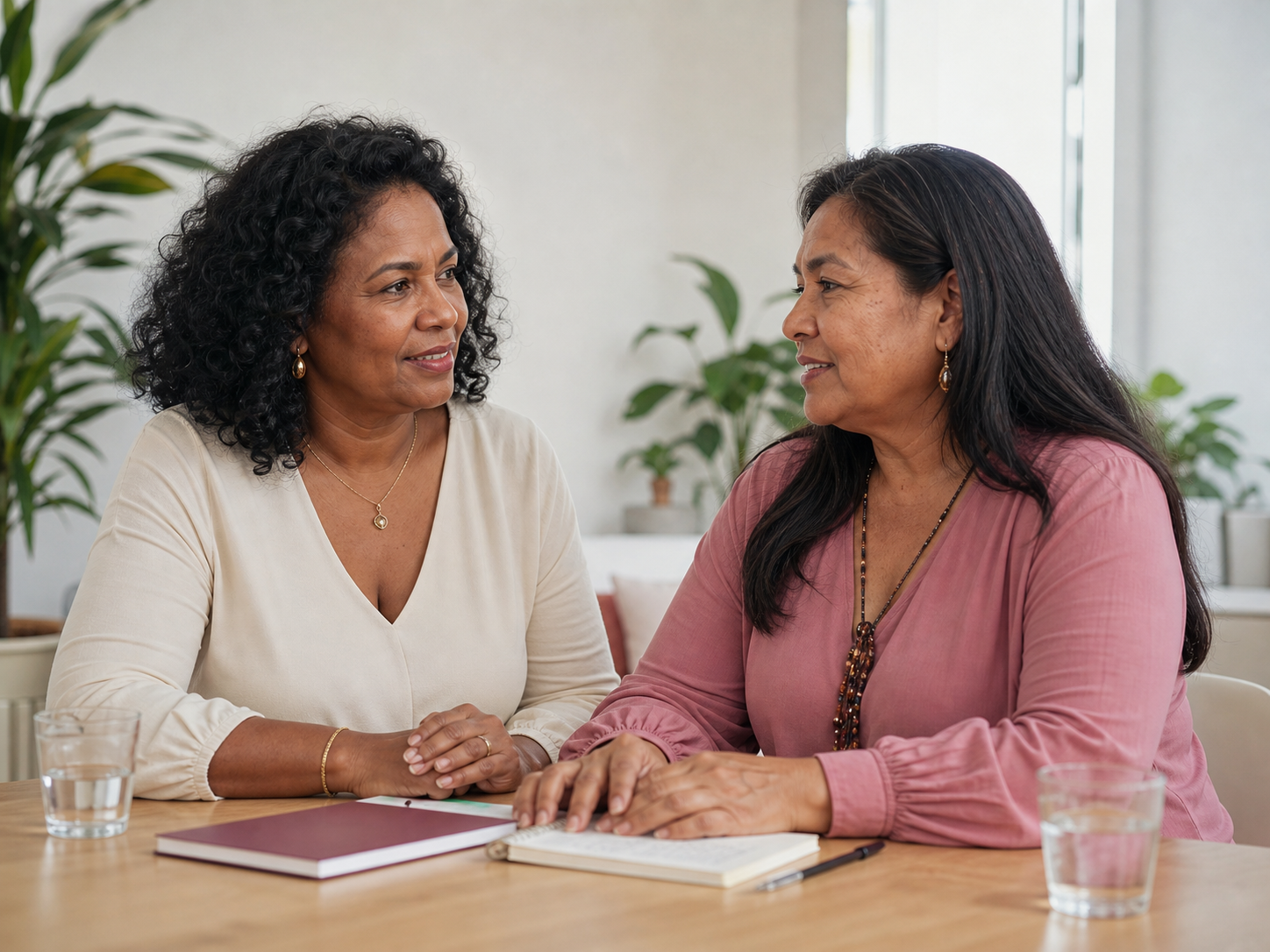Duas mulheres maduras conversando sobre saúde e menopausa